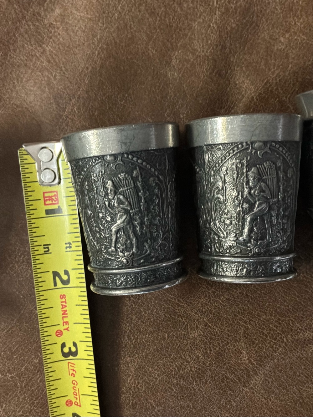 Vintage Pewter Shot Glasses Set of 6 Relief Scene Cups Zinn Wine Tasting Barware - Picture 13 of 13